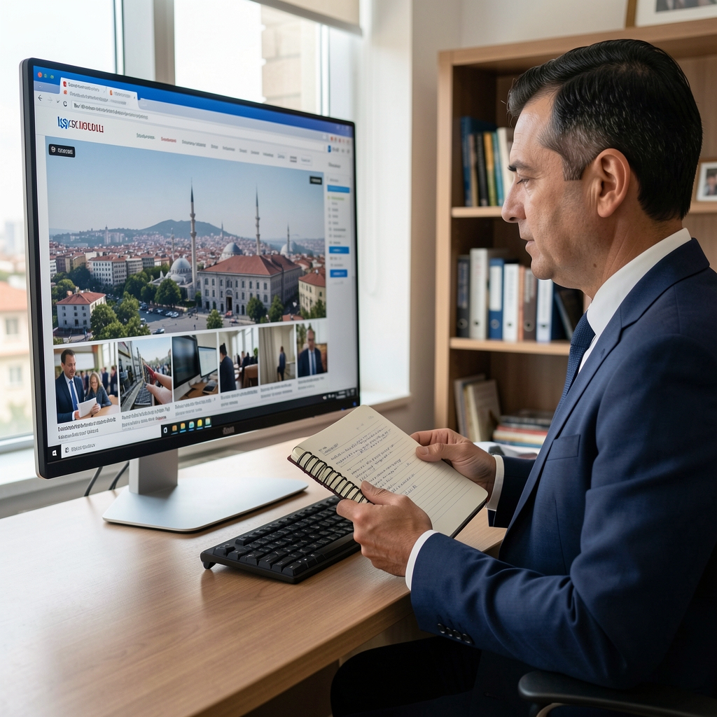 Gazeteci elinde not defteri ile dijital ekranda haber doğrulama yapıyor, İstanbul modern ofis ortamı