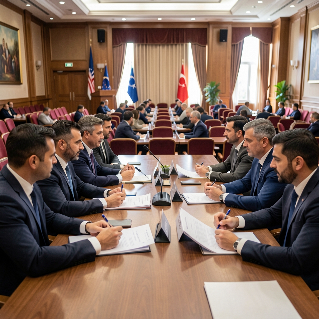 Medya etiği kursu görseli, bir grup gazeteci tartışma masasında etik kılavuz belgeleri inceliyor, İstanbul konferans salonu