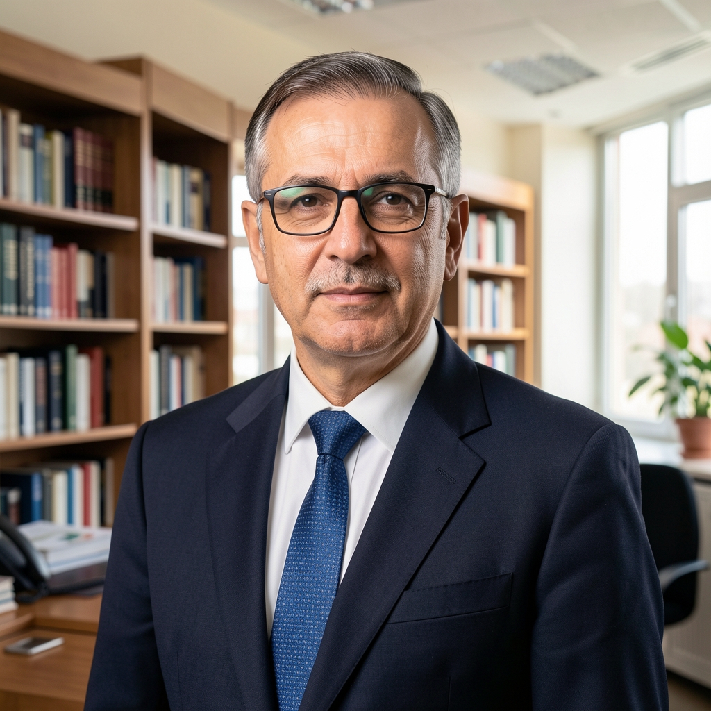 Prof. Dr. Hasan Demir, orta yaşlı Türk akademisyen, gözlüklü, resmi takım elbiseli, üniversite ofisi