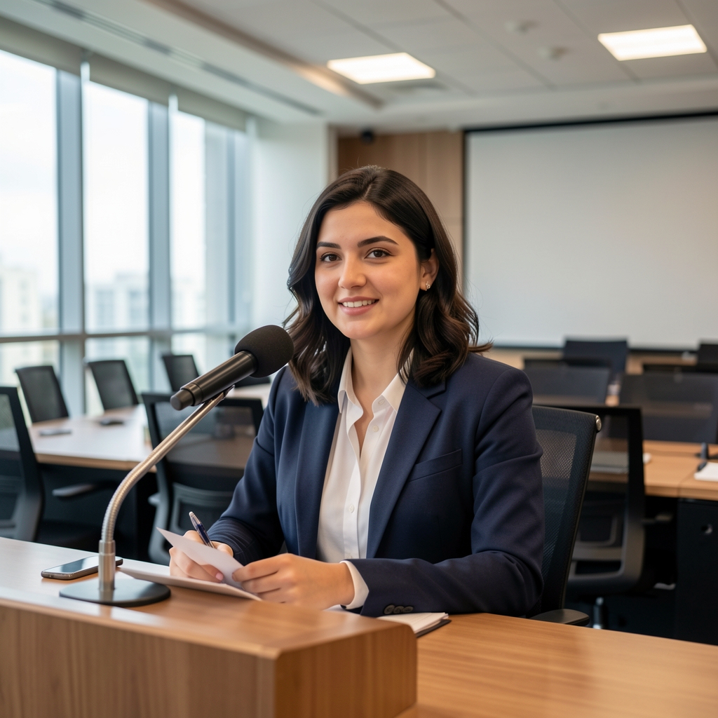 Dr. Selin Arslan, genç Türk araştırmacı, kadın, modern ofis ortamında konferans salonunda mikrofon önünde