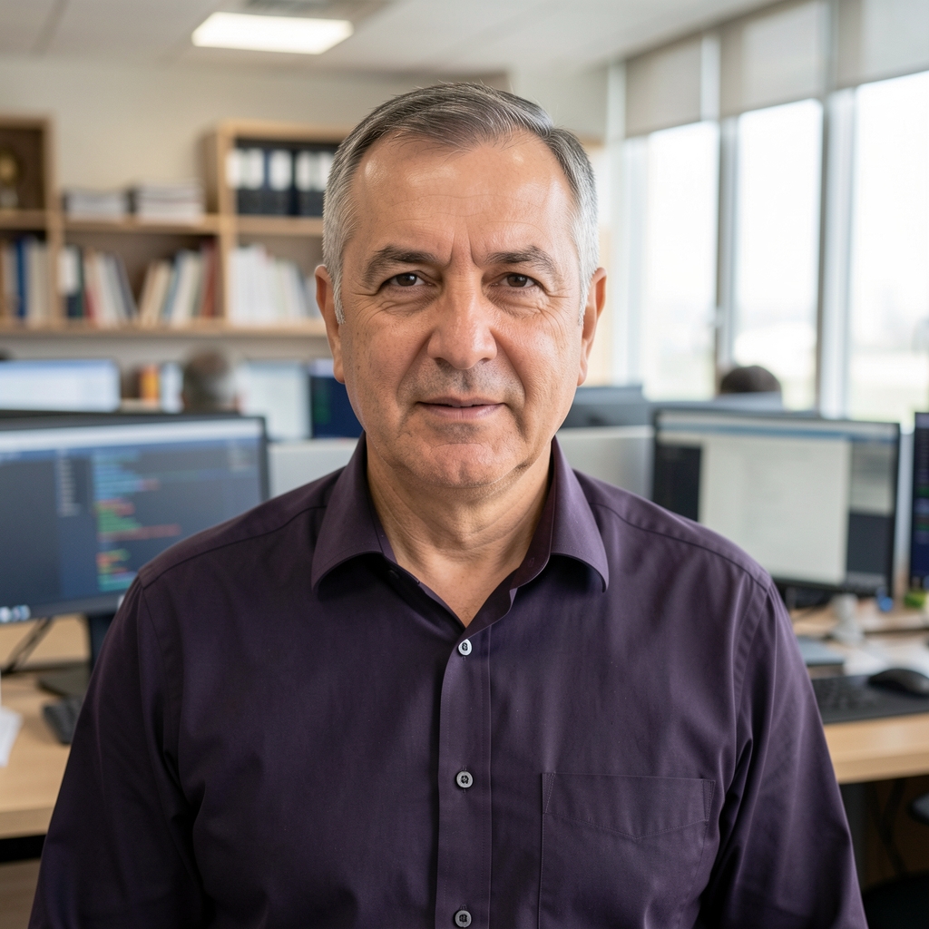 Mehmet Çelik, orta yaşlı Türk gazeteci, kısa saçlı, koyu renk gömlek, haber odası arkaplanı