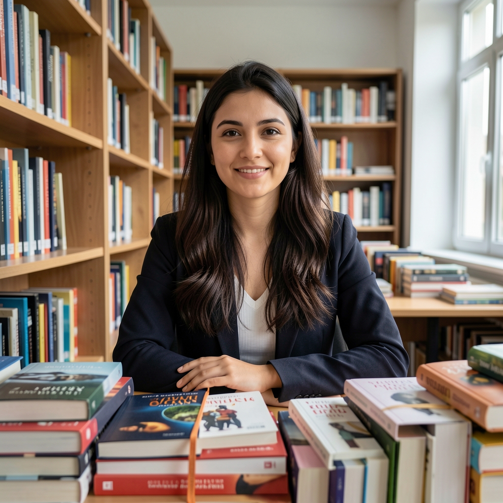 Ayşe Kaya, genç Türk kadın medya araştırmacısı, uzun koyu saçlı, modern kütüphane ortamında kitaplar önünde
